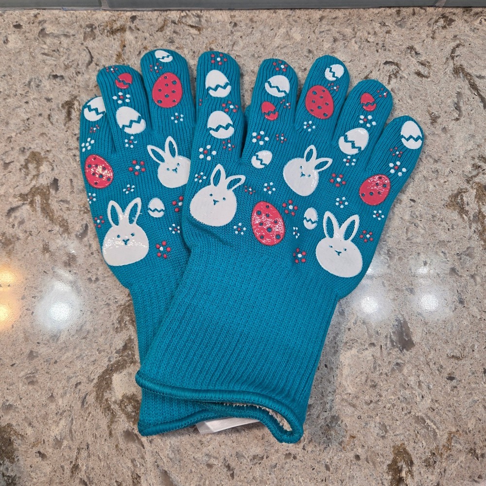 NEW Temp-tations Easter Bunny Oven Mitt Gloves Teal Blue Knit Heat Resistant 2pc
